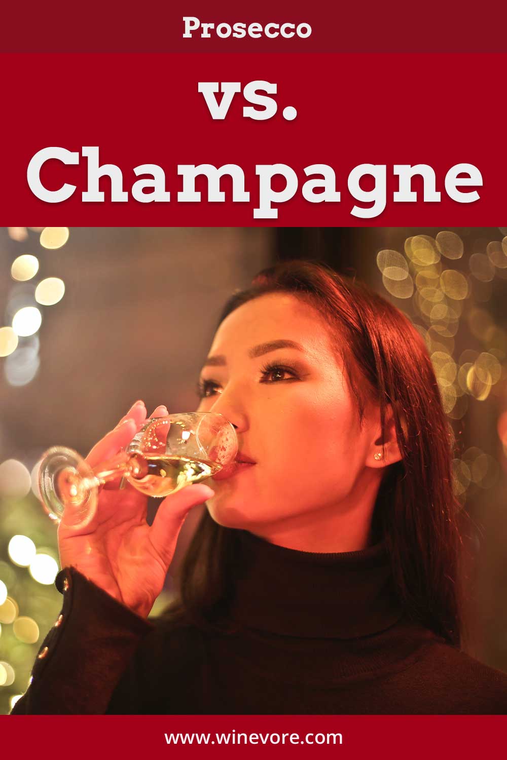 Woman in black dress drinking white wine - Prosecco vs. Champagne