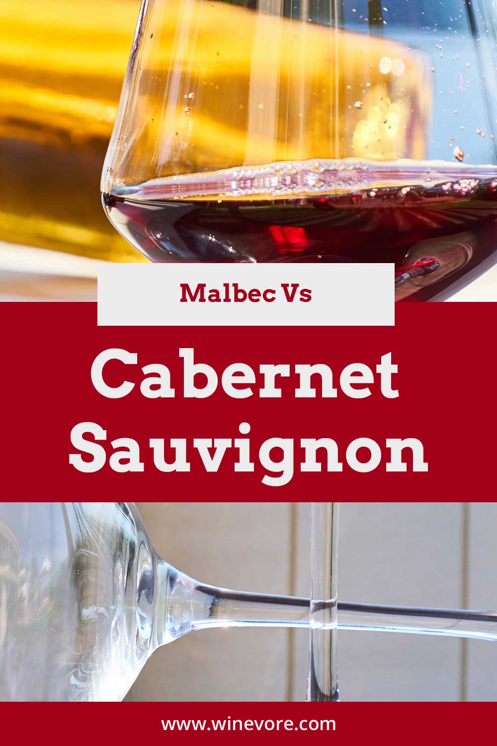 A wine glass lying beside a glass of red wine - Malbec Vs Cabernet Sauvignon.