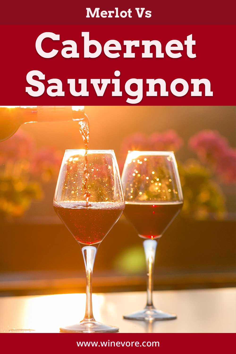 Pouring red wine into a glass of wine while another glass is placed near it - Merlot Vs Cabernet Sauvignon.
