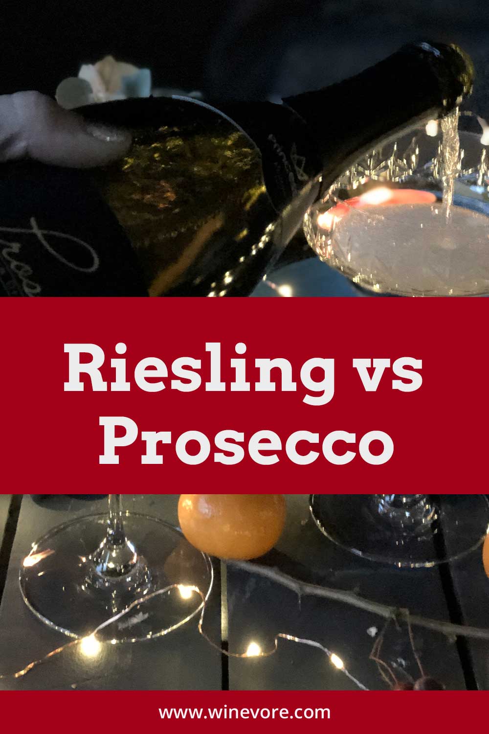 Pouring white wine into a glass from a bottle in hand - Riesling vs. Prosecco.