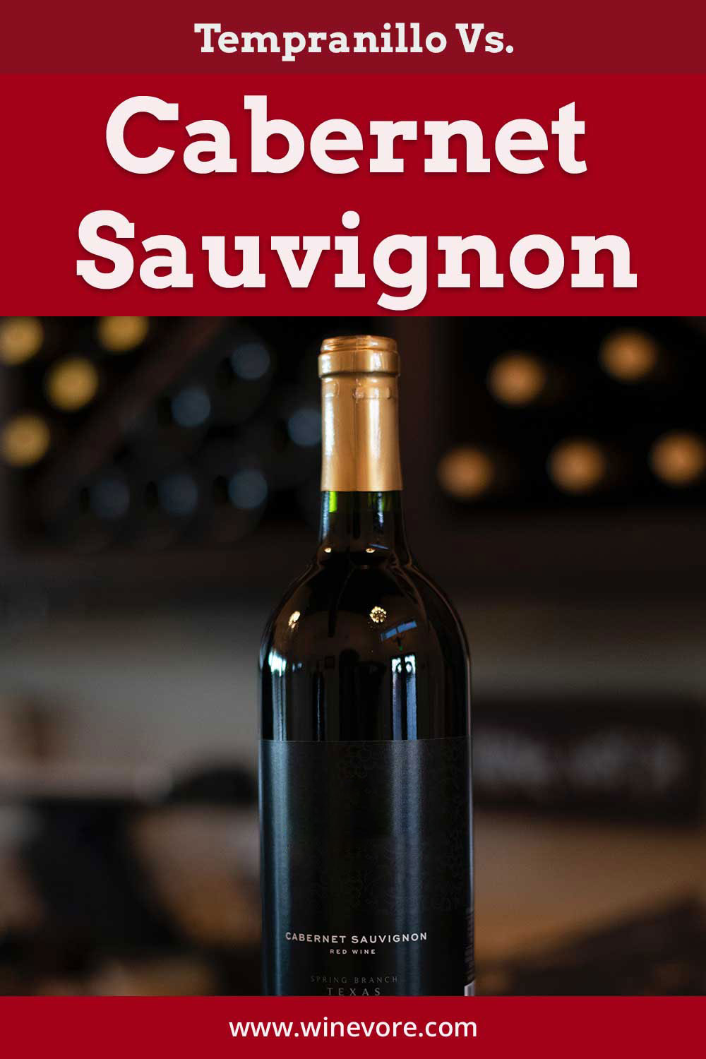 A bottle of wine with black label on it - Super Tuscan Vs. Cabernet Sauvignon.