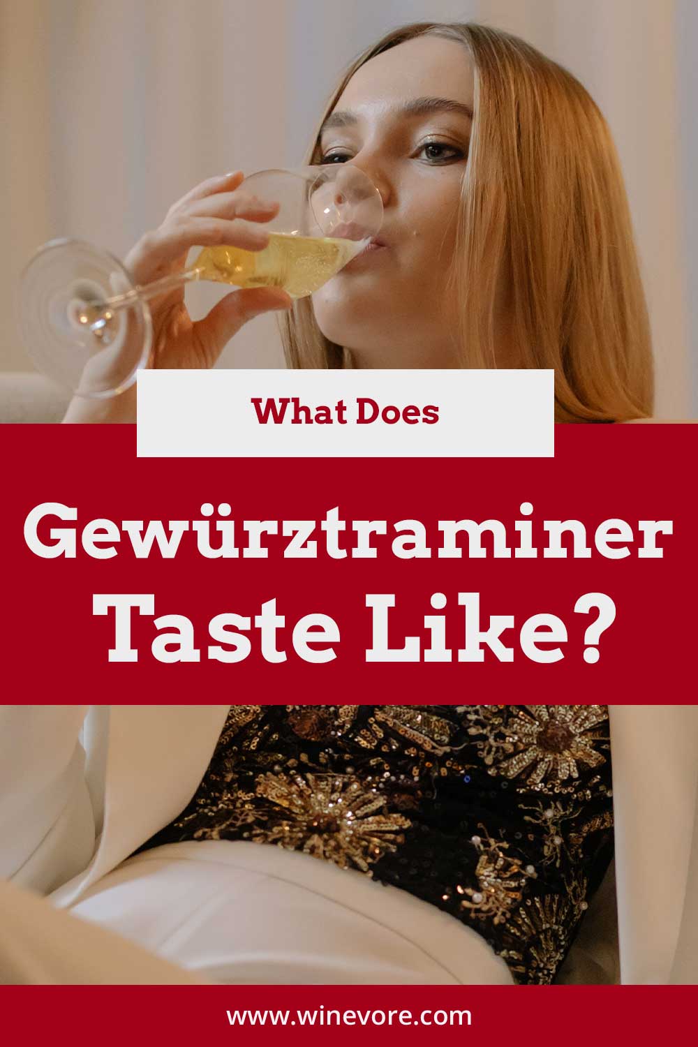 Woman in black dress drinking from a glass of wine - What Does Gewürztraminer Taste Like?