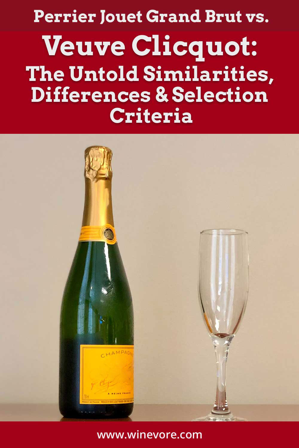 A sealed bottle with an empty wine glass - Perrier Jouet Grand Brut vs. Veuve Clicquot: Similarities, Differences & Selection Criteria