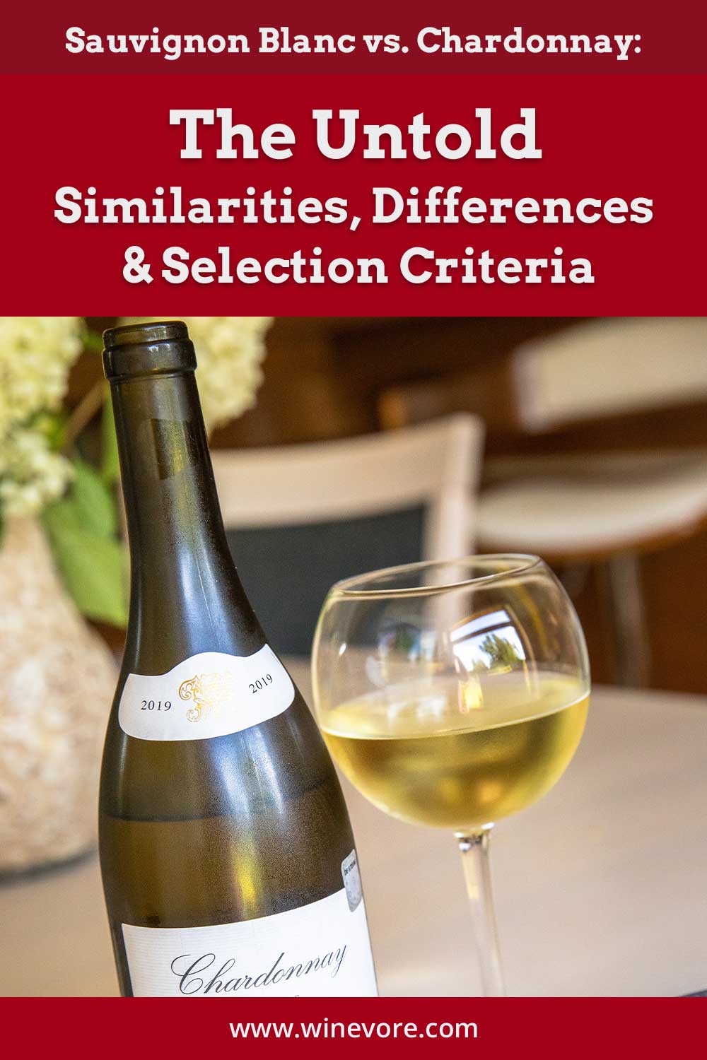 A wine glass with wine in it near a bottle - Sauvignon Blanc vs. Chardonnay: The Similarities, Differences & Selection Criteria.