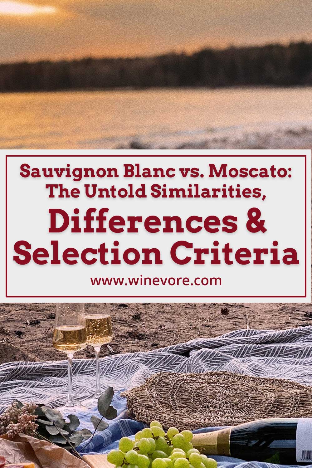 Wine glasses, grapes, bottle on a cloth in a beach - Sauvignon Blanc vs. Moscato.