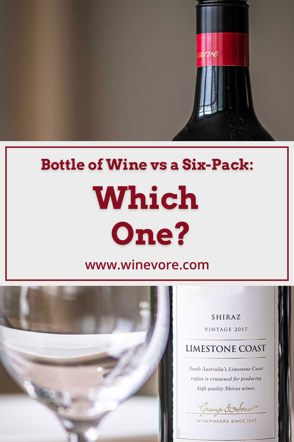 A bottle of Shiraz and a wine glass - Bottle of Wine vs a Six-Pack.