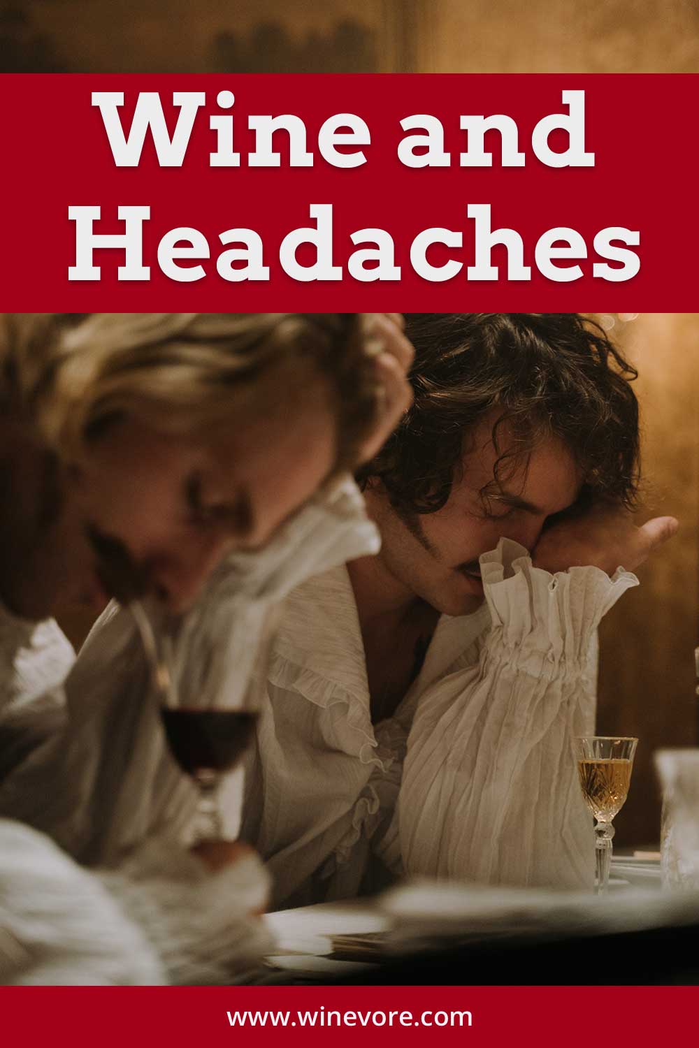 Two person sitting in front of wine glasses with eyes closed - Wine and Headaches.