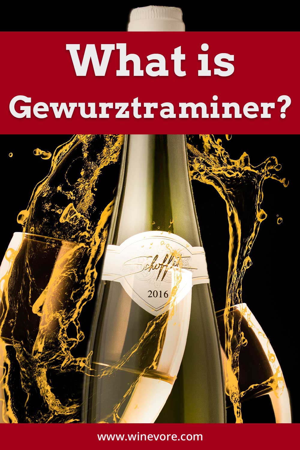 Wine bottle and splash of white wine in two glasses in front of dark surface - What is Gewurztraminer?