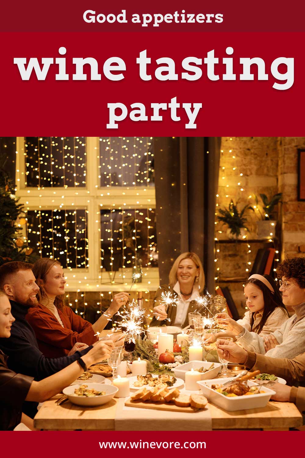 Happy family sitting in front of a dinner table - Good appetizers wine tasting party.